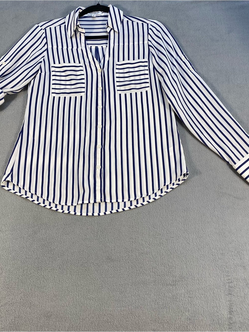 Express Women’s Portofino Striped Button-Up Shirt, Blue & White, long sleeves XS